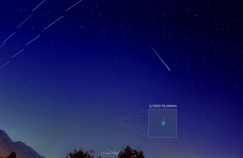 No canto superior esquerdo, vemos duas trilhas deixadas por satélites Starlink. O traço esverdeado no centro da imagem é o meteoro, e o cometa SWAN foi destacado logo abaixo. (Foto: Emanuel Acosta Gutierrez)