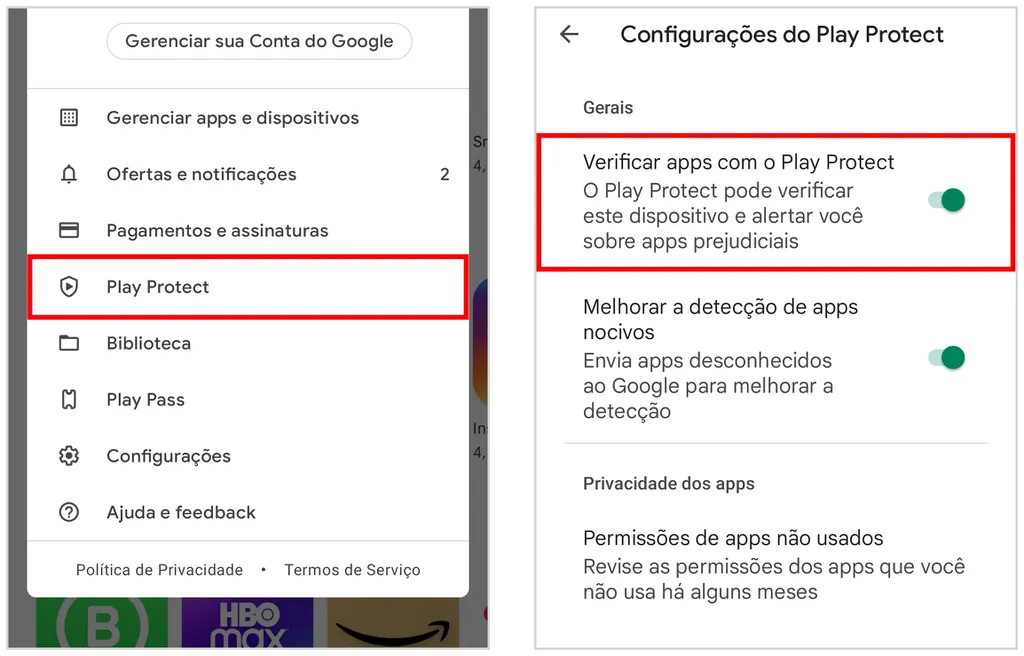 É possível desativar o Play Protect nas configurações da Google Play Store (Captura de tela: Caio Carvalho)