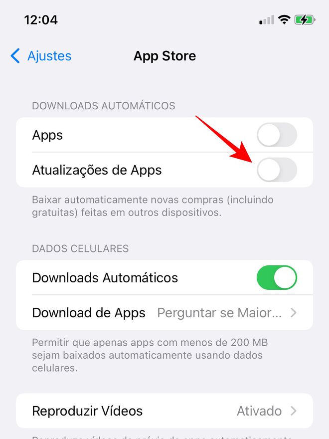 Desative a seleção para atualizações automáticas dos apps no iPhone - Captura de tela: Thiago Furquim (Canaltech)