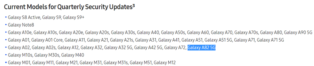 O Galaxy A82 5G é listado pela Samsung para receber updates trimestrais de segurança (Imagem: Reprodução/9to5Google)