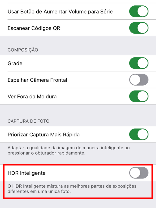 Desative o recurso HDR Inteligente do iOS. Captura de tela: Lucas Wetten (Canaltech)