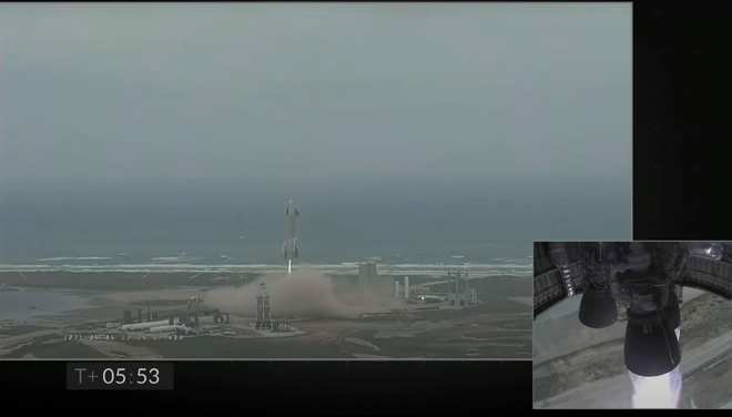 Cerca de seis minutos após a decolagem, o SN15 pousa em grande estilo (Imagem: Reprodução/SpaceX)