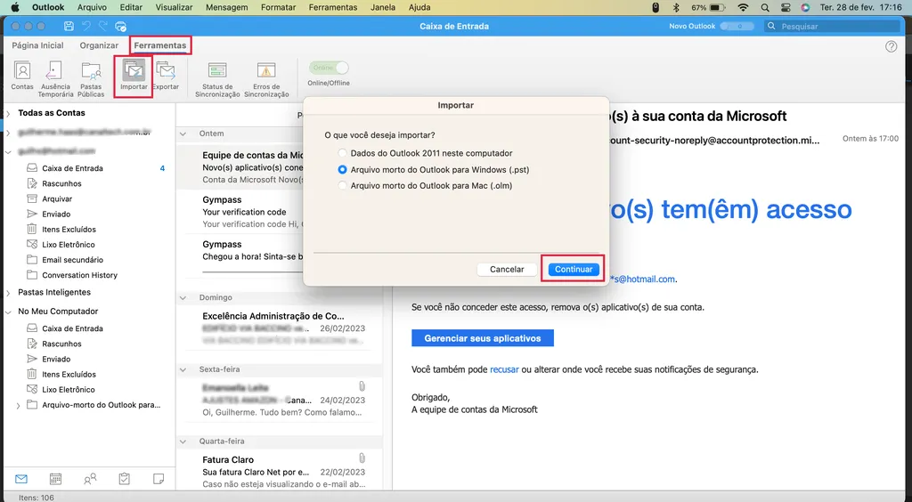 Importando um arquivo de dados de uma conta para o Outlook (Imagem: Captura de tela/Guilherme Haas/Canaltech)