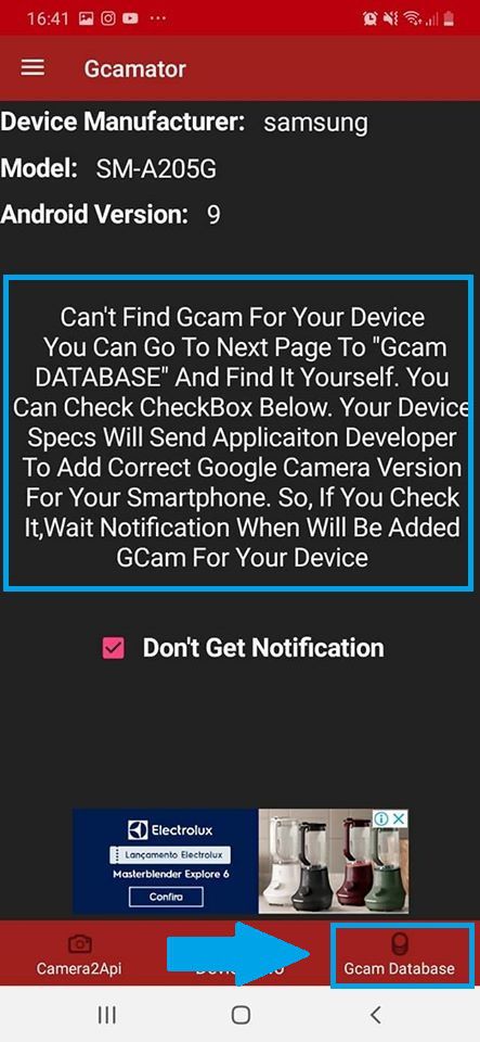 Aviso "Can't find GCam for your device" indica que é necessário acessar a GCam Database (Caputra de tela: Ariane Velasco)
