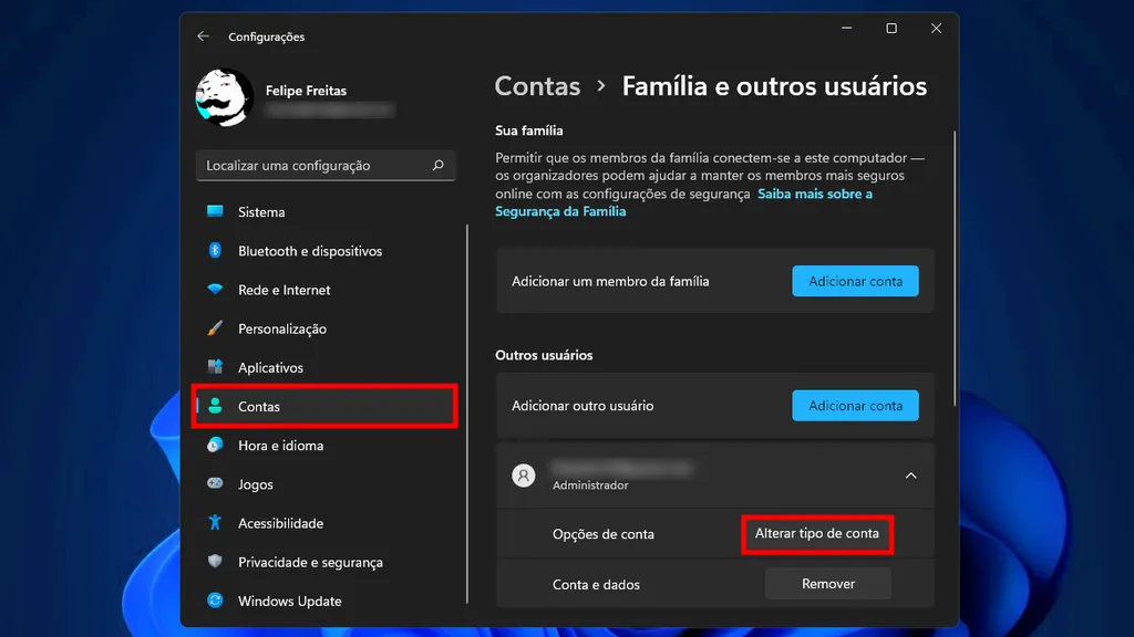 Acesse a categoria "Contas" para alterar o administrador no Windows 11 (Captura de tela: Canaltech/Felipe Freitas)