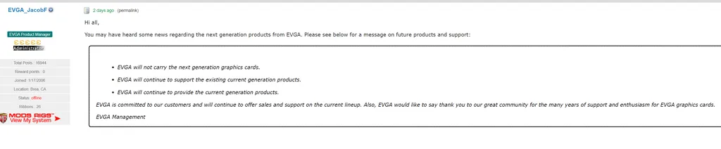 Além de conversar com Gamers Nexus, a EVGA comunicou o fim da parceria com a Nvidia em seu fórum oficial (Imagem: EVGA)