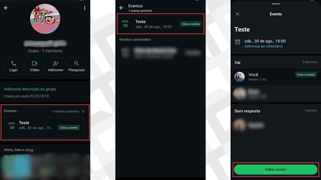 Passos para editar eventos no grupo do WhatsApp