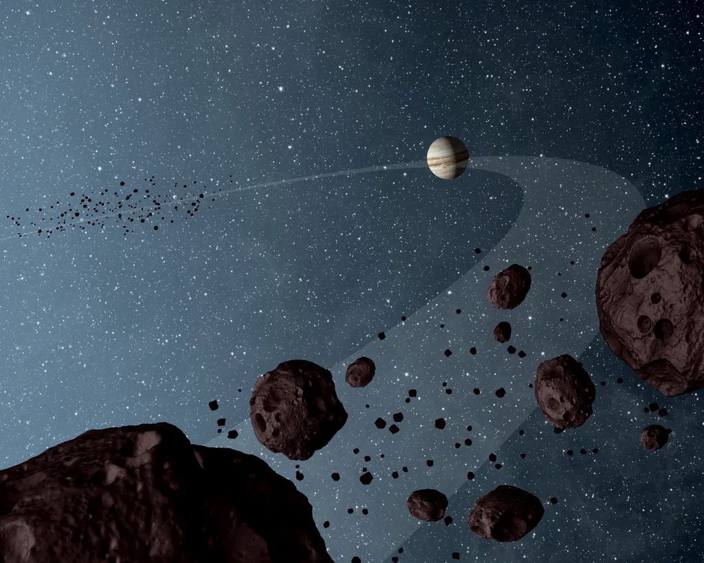 Júpiter orbita o Sol acompanhado por asteroides troianos (Imagem: Reprodução/NASA/JPL-Caltech)