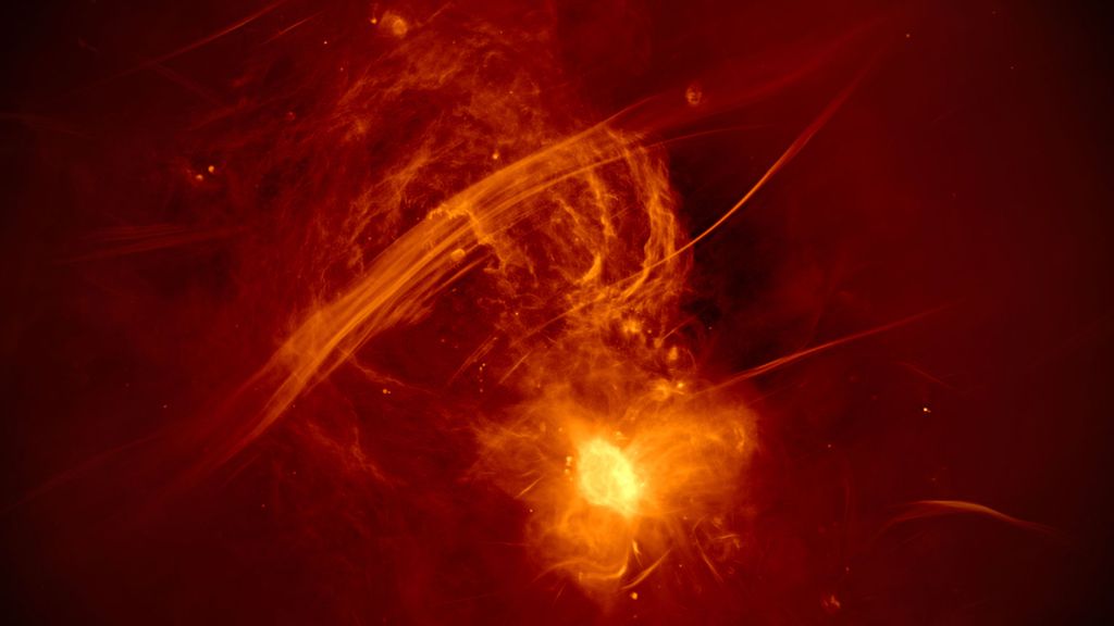 Filamentos atravessam uma bolha de rádio perto do buraco negro supermassivo (Imagem: Reprodução/I. Heywood/SARAO)