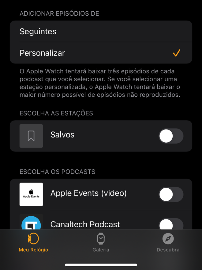 Desmarque os podcasts para não ocupar espaço interno no Apple Watch - Captura de tela: Thiago Furquim (Canaltech)