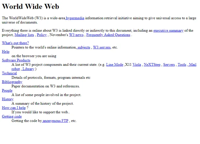 O primeiro site da web só tinha textos e links (Imagem: Reprodução/Web Design Museum)