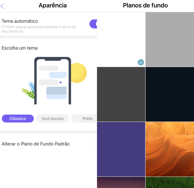 Se preferir, você pode mudar a cor padrão do Viber para azul escuro ou preto, como também modificar o plano de fundo das conversas no app (Captura de tela: Caio Carvalho/Canaltech)