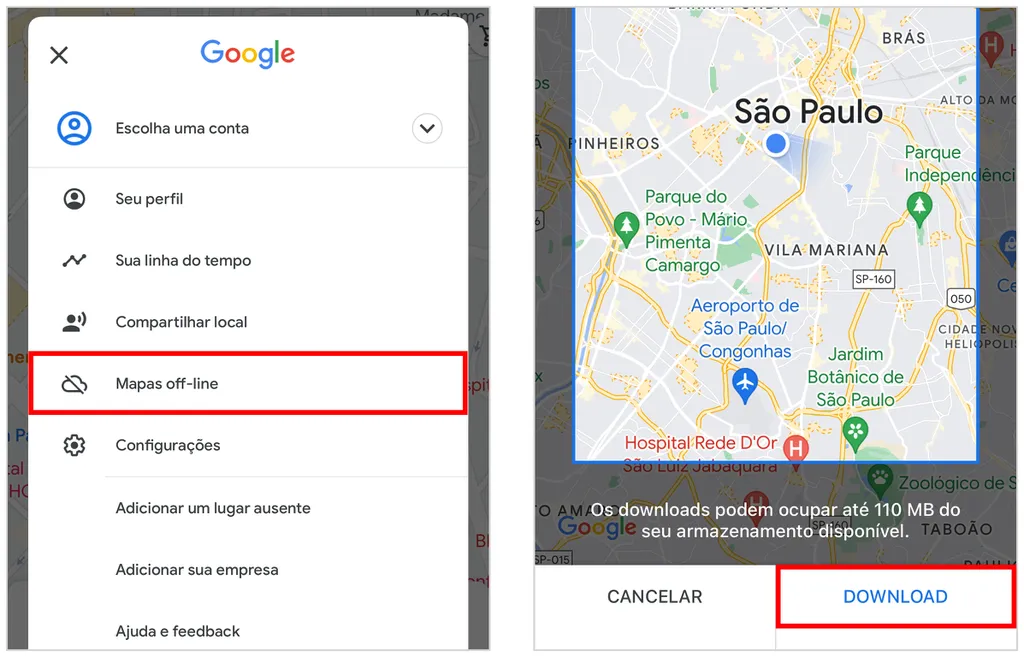 Google Maps tem modo offline e opção para baixar mapas no celular (Captura de tela: Caio Carvalho)