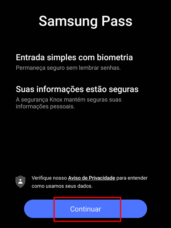 Comece seu cadastro no Samsung Pass (Imagem: André Magalhães/Captura de tela)