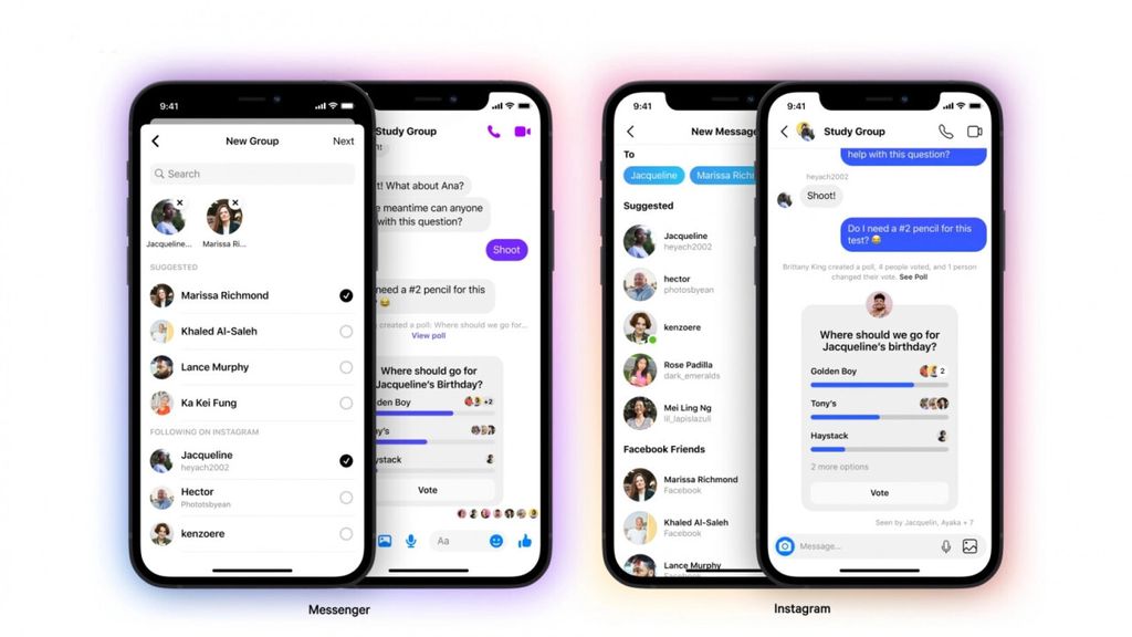 Grupos e enquetes agora são recursos totalmente integrados entre o Facebook Messenger e as mensagens diretas do Instagram (Imagem: Reprodução/Facebook)