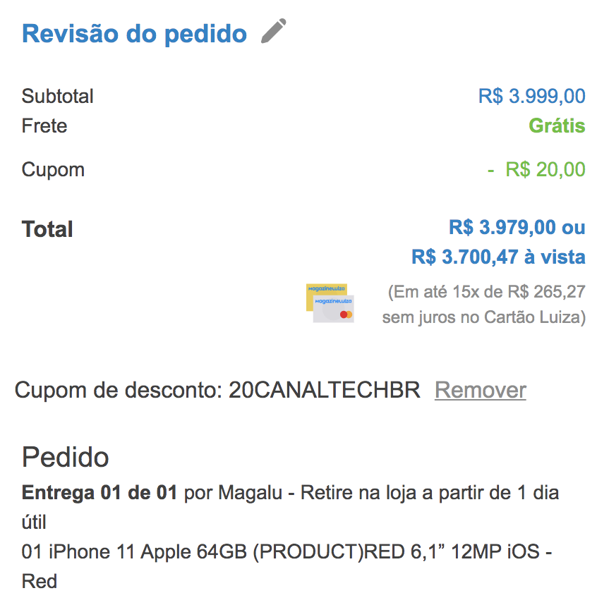 Confira o preço do iPhone 11 com o cupom do Canaltech no Magazine Luiza (Imagem: Captura/Canaltech)
