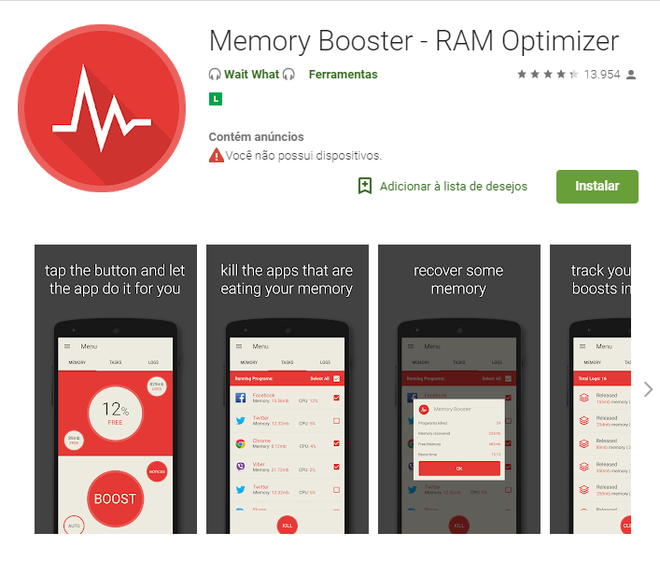 Apps para fazer a limpeza do seu celular: Memory Booster (Captura de tela: Ariane Velasco)