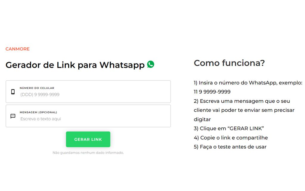 Canmore traz um gerador de link para WhatsApp com funcionamento simples (Captura de tela: André Magalhães)