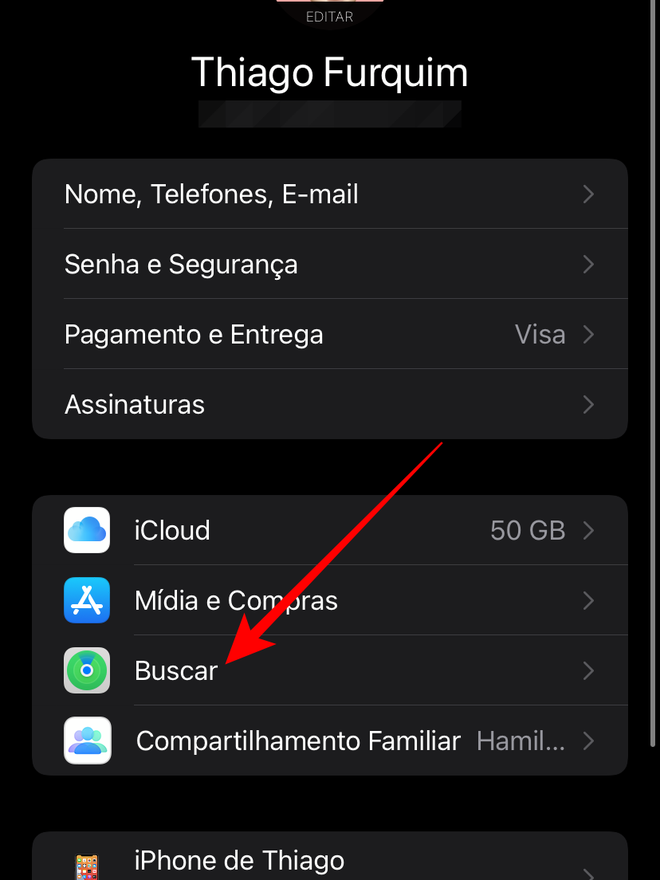 Nos ajustes do seu ID Apple, acesse o menu "Buscar" - Captura de tela: Thiago Furquim (Canaltech)