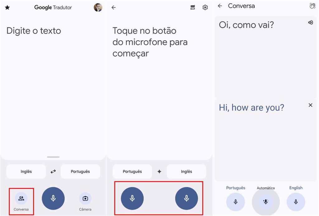 O Google Tradutor pode ser usado para traduzir uma conversa em tempo real (Imagem: Captura de tela/Guilherme Haas/Canaltech)