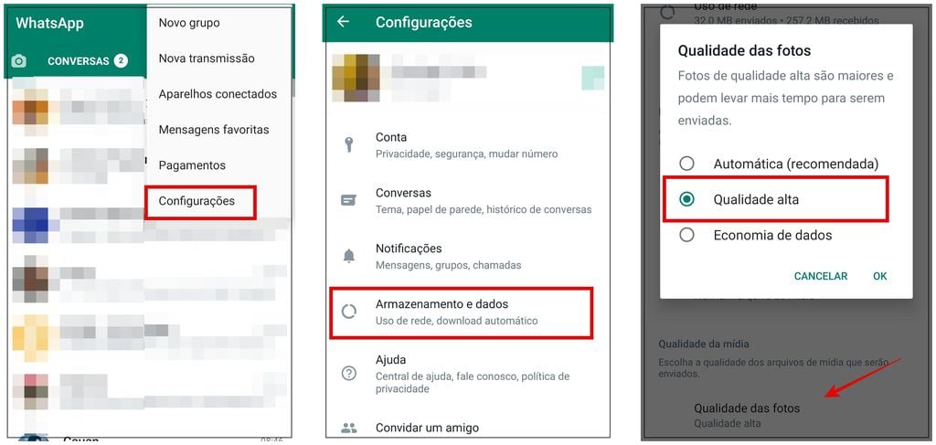 Acesse as configurações para enviar fotos em alta qualidade pelo WhatsApp (Captura de tela: Rodrigo Folter)