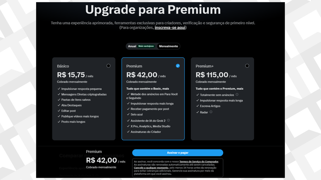 Captura de tela da página de assinatura do X Premium