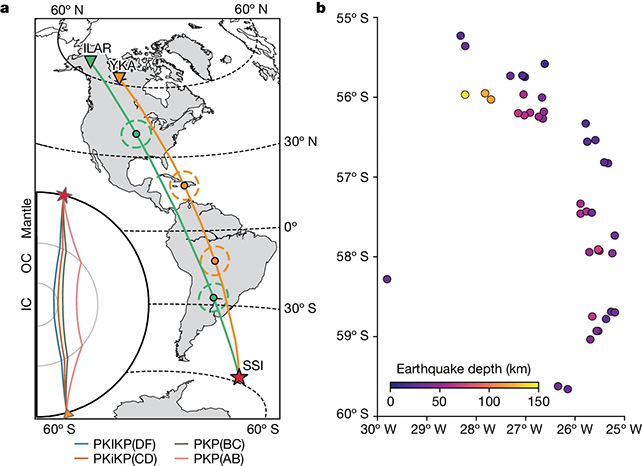 Os autores monitoraram as ondas sísmicas pelo planeta (Imagem: Reprodução/Wang et al., Nature, 2024)