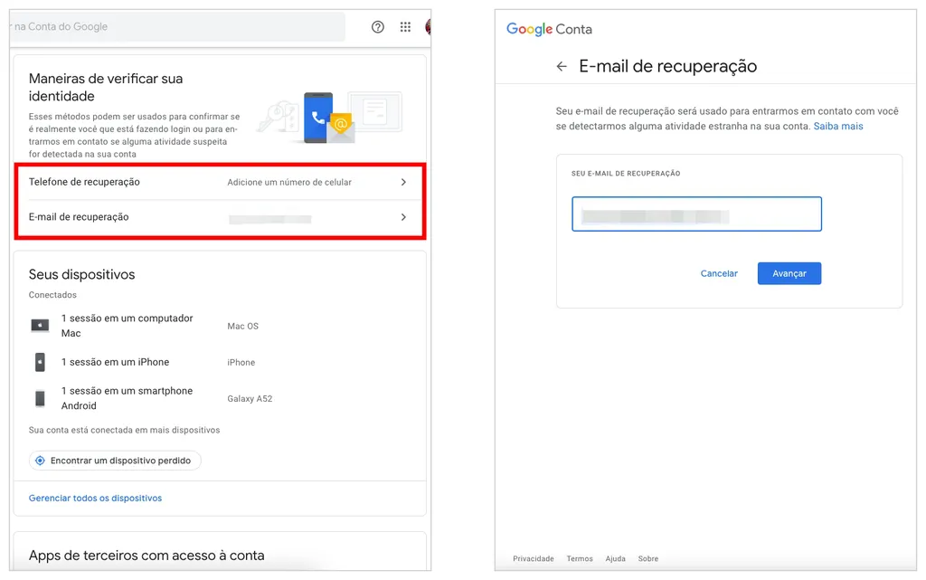 Como configurar ou mudar um e-mail ou telefone de recuperação da conta Google (Captura de tela: Caio Carvalho)