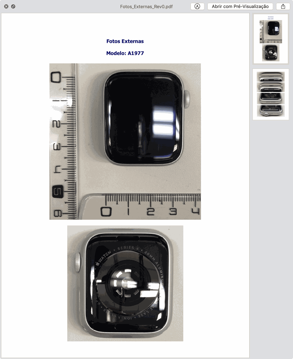Foto externa com medida do Apple Watch Series 4 (GPS) de 40mm (Imagem: Anatel)