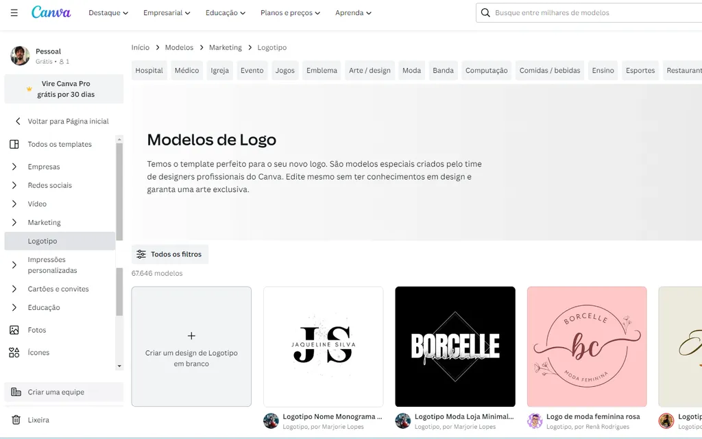Crie um logo para seu negócio no Canva (Imagem: Captura de tela/Thiago Furquim/Canaltech)