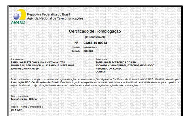 Certificado de homologação do Galaxy Fold (Imagem: Anatel)
