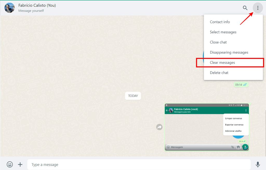 Você também pode limpar mensagens no WhatsApp Web (Imagens: Captura de tela/Fabrício Calixto/Canaltech)