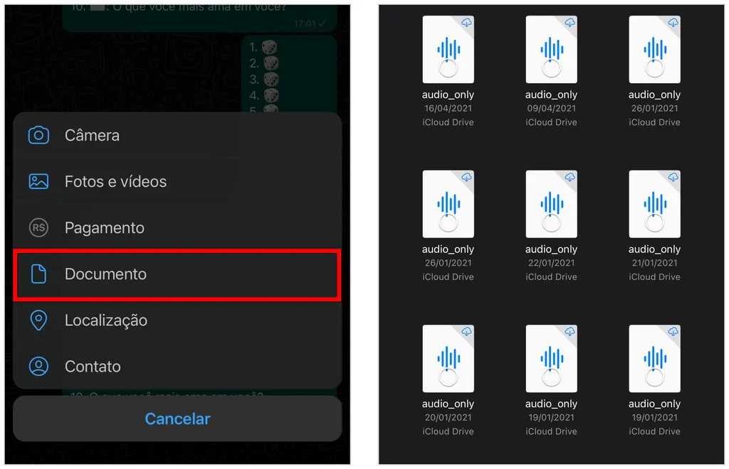 Selecione a opção "Documento" para enviar um áudio do Messenger no WhatsApp (Captura de tela: Caio Carvalho)