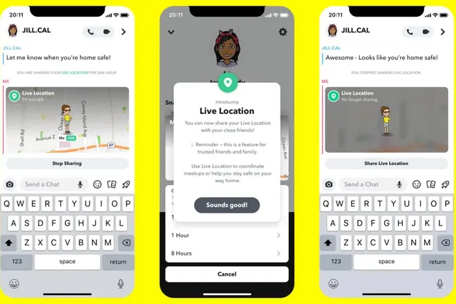 O recurso permite que seus amigos acompanhem seu trajeto até um ponto de encontro ou de volta para casa (Imagem: Reprodução/Snapchat)