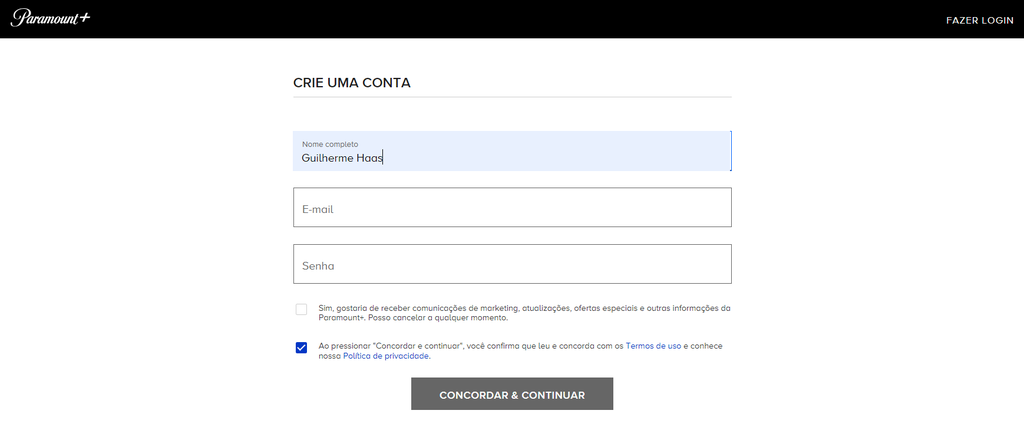 Complete os campos para criar uma conta no Paramount+ (Imagem: Captura de tela/Guilherme Haas/Canaltech)