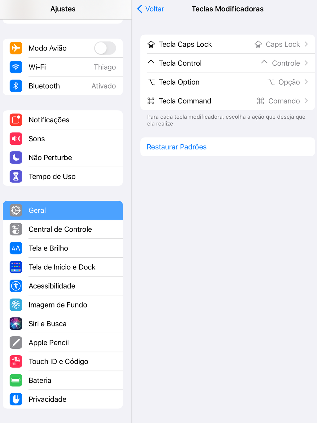 Personalize as teclas modificadoras do teclado Bluetooth no iPad em cada opção. - Captura de tela: Thiago Furquim (Canaltech)