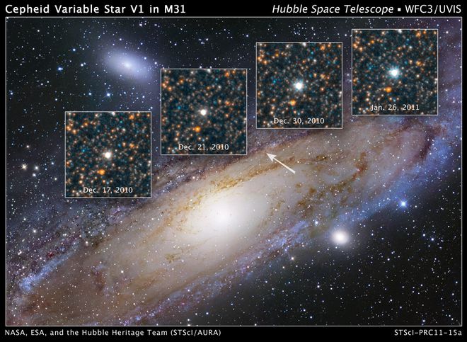 A Cefeida V1, localizada na borda da galáxia Andrômedra, tem seu brilho regular usado para medir distâncias no universo (Imagem: Reprodução/ESA/Hubble/NASA)