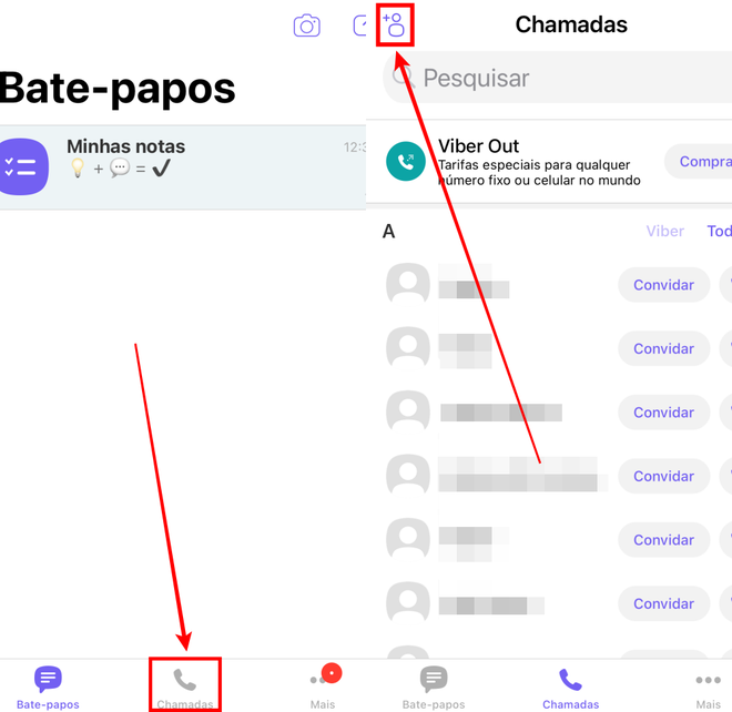 A adição de novos contatos é feita pela aba "Chamadas". É por ela que você também encontra pessoas já adicionadas à sua conta do Viber (Captura de tela: Caio Carvalho/Canaltech)