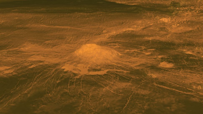 Representação do vulcão Idunn Mons em Vênus (Imagem: Reprodução/NASA/JPL-Caltech/ESA)
