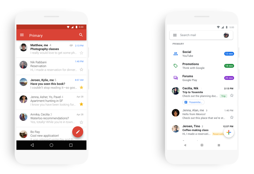 Na esquerda, o design atual do app do Gmail, e na direita o novo design (Imagem: Google)