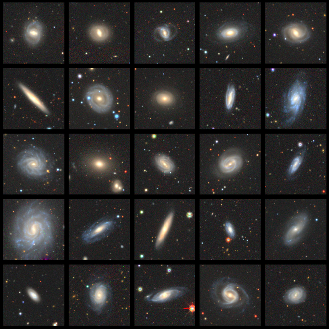 Algumas galáxias observadas pelo Arecibo (Imagem: Reprodução/Jennifer Hardwick/ICRAR-UWA/GASS/DESI)