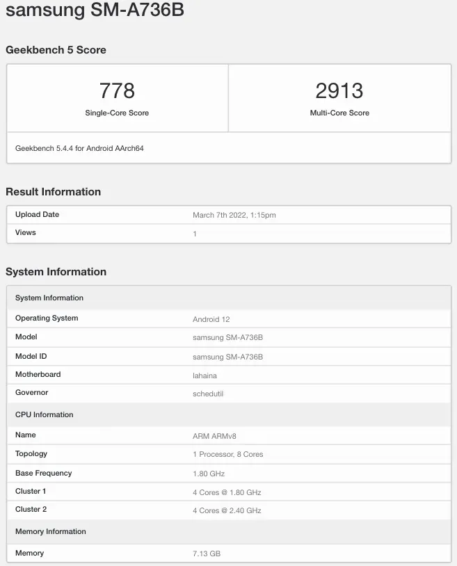 Com número de modelo SM-A736B, o Galaxy A73 5G foi encontrado no Geekbench equipado com Snapdragon 778G e 8 GB de RAM (Imagem: Reprodução/MySmartPrice)