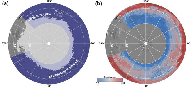 No mapa da esquerda, a área cinza mostra a zona do gelo, junto da área estudada em roxo; já no da direita, as áreas em azul indicam gelo enterrado, e as em vermelho, a ausência de gelo (Imagem: Reprodução/Planetary Science Institute)