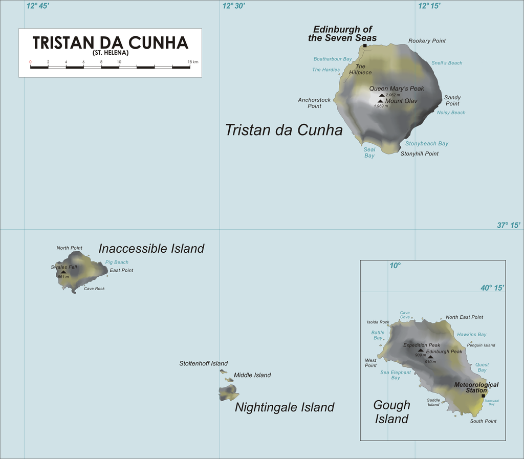 O arquipélago de Tristão da Cunha, em mapa mostrando a localização das ilhas e a capital, Edimburgo dos Sete Mares (Imagem: varp/Domínio Público)