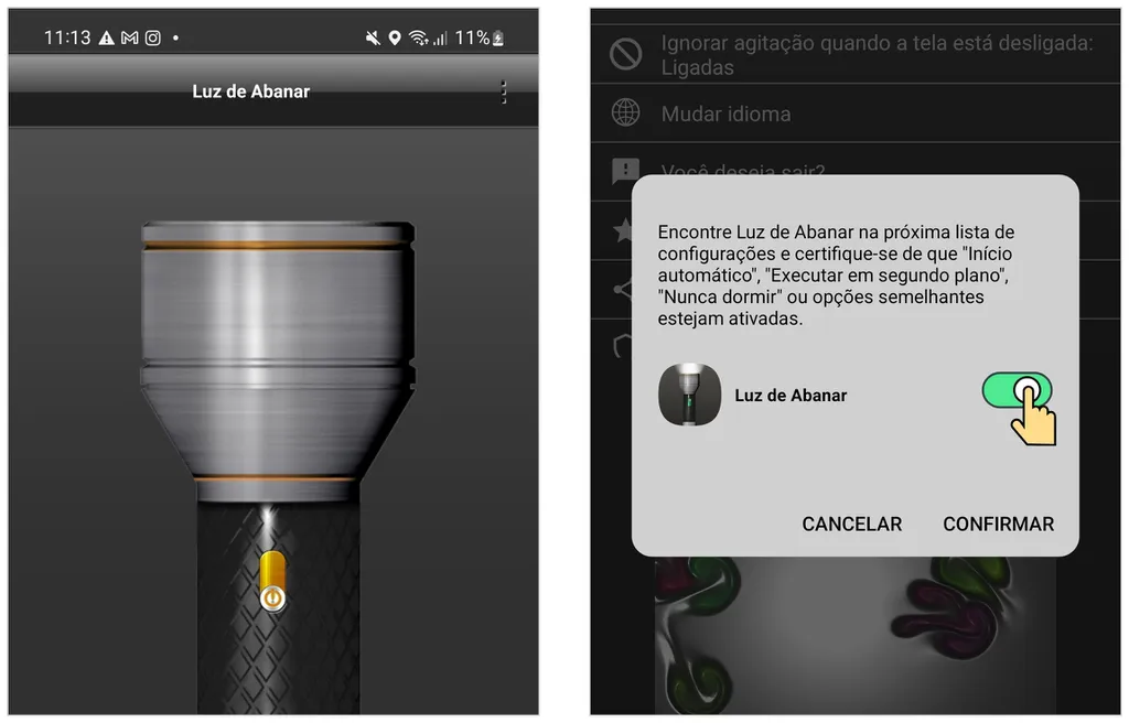 App permite ligar a lanterna do celular balançando o telefone Android (Captura de tela: Caio Carvalho)