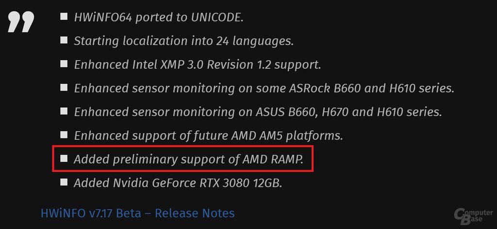 Em seu último update Beta, o HWiNFO confirmou a existência e recebeu suporte preliminar ao AMD RAMP (Imagem: Reprodução/ComputerBase)