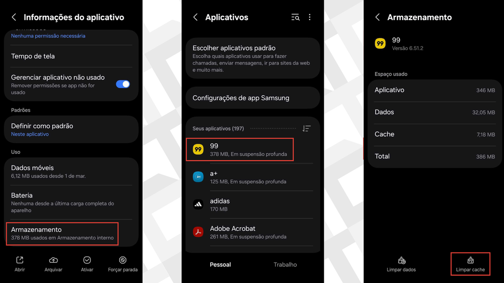 Passos para apagar o cache de um app por vez no Android