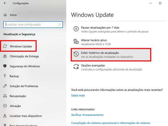Na aba "Windows Update", acesse o item "Exibir histórico de atualização" (Captura de tela: Matheus Bigogno)
