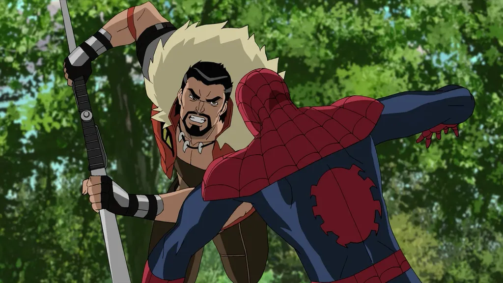 O desenho Ultimate Spider-Man apostou em um Kraven mais clássico, incluindo a jaquetinha de leão (Imagem: Reprodução/Disney)