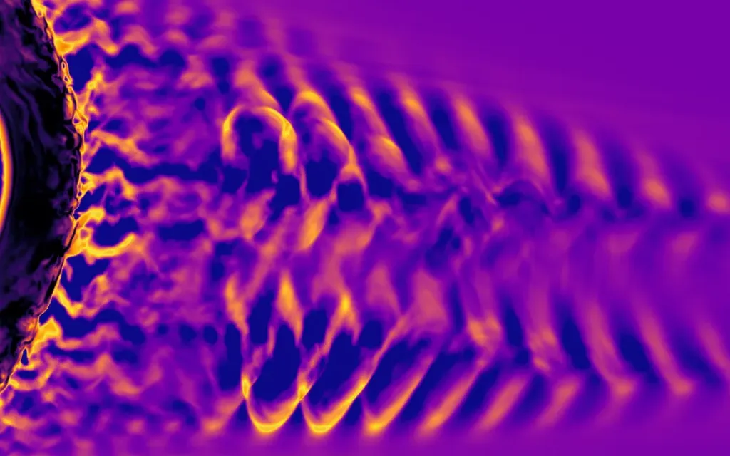 Simulação mostra até onde as ondas do campo magnético se propagam (Imagem: Reprodução/Lucile Turc ja Vlasiator-tiimi/Helsingin yliopisto)